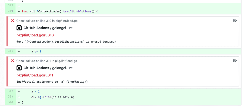 GitHub annotations of the action